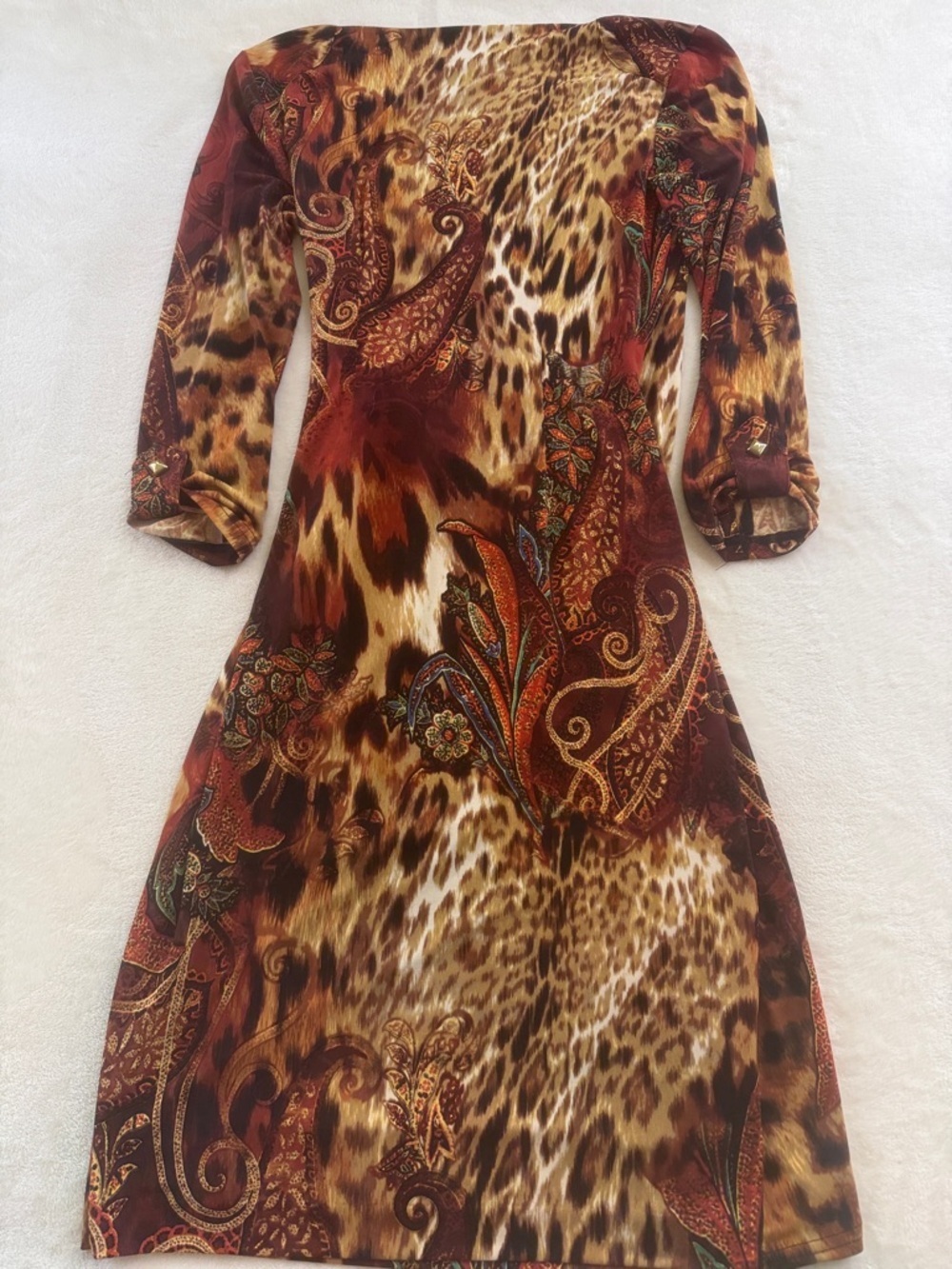 Vintage Cache Leopard Paisley Ruched Faux Wrap Dress Medium - Picture 13 of 14